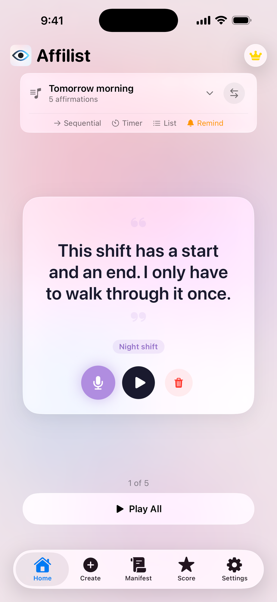 Affilist App — home screen with a voice affirmation card, Play All and reminders on iPhone