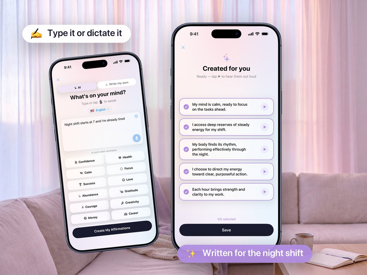 Affilist Create screen with the prompt “Night shift starts at 7 and I’m already tired” and the AI results written for that shift
