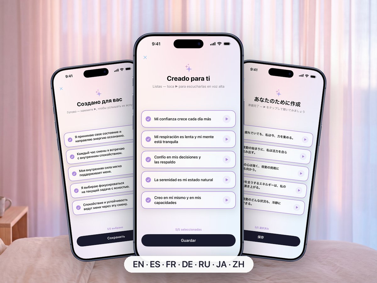 Three Affilist screens with AI-written affirmations in Russian, Spanish and Japanese