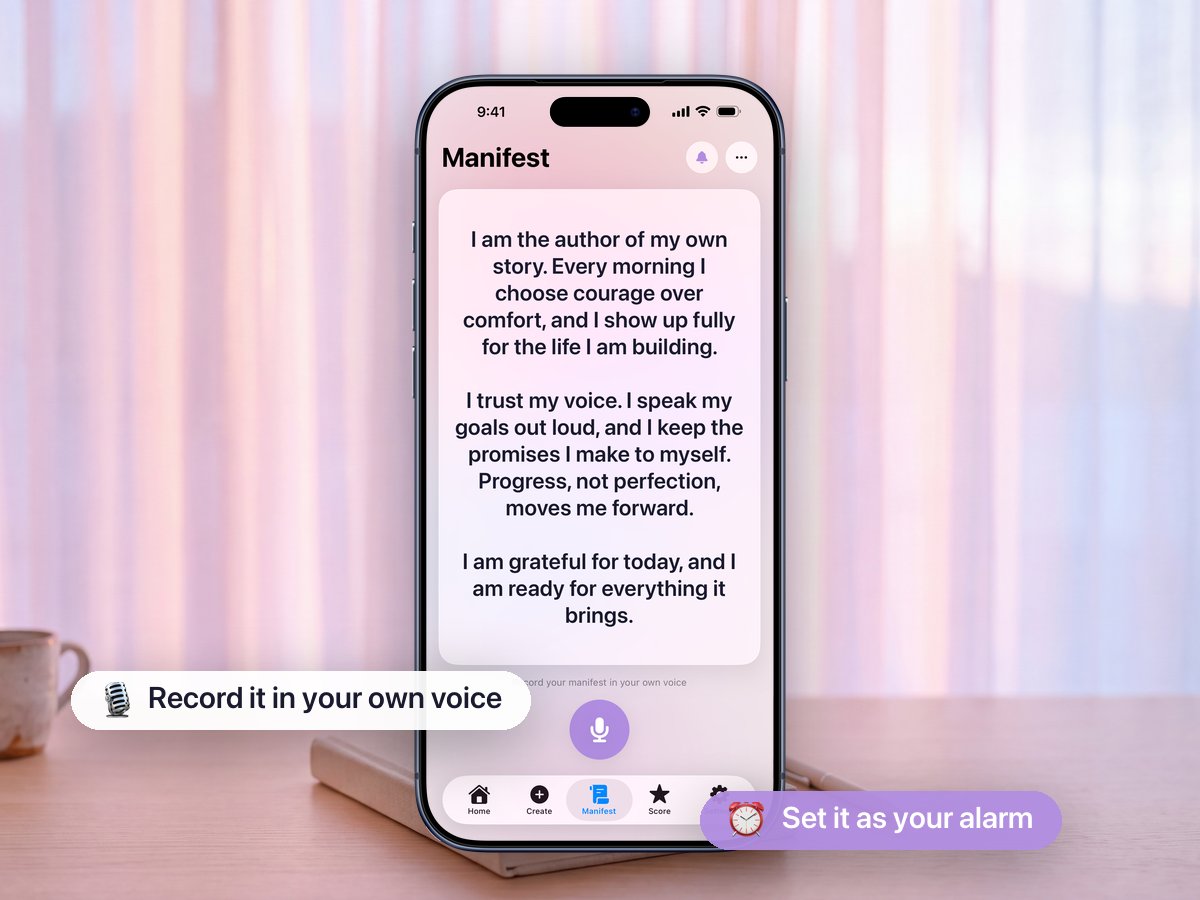 Affilist Manifest tab with a personal manifesto text and a record button