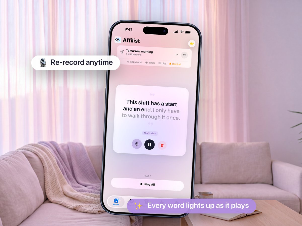 Affilist home screen playing an affirmation with karaoke word-by-word highlight, pause button in the middle