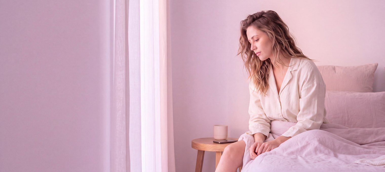 A woman sitting on the edge of her bed at dawn, just awake, reaching for the phone on the nightstand